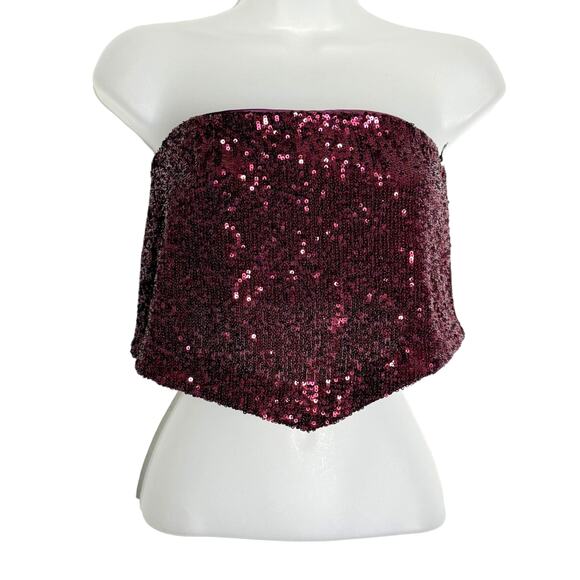 House of Harlow x Revolve Tube Top Shirt Womens Small Burgundy Sequin Crop Party - Picture 2 of 10